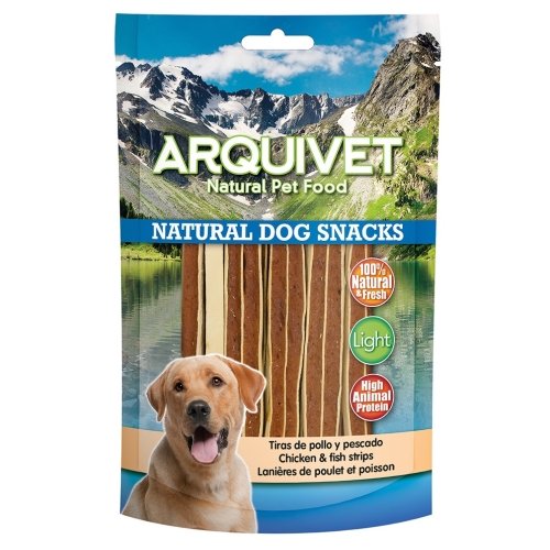 Snack Tiras de Pollo y Pescado 100 Gr. Arquivet