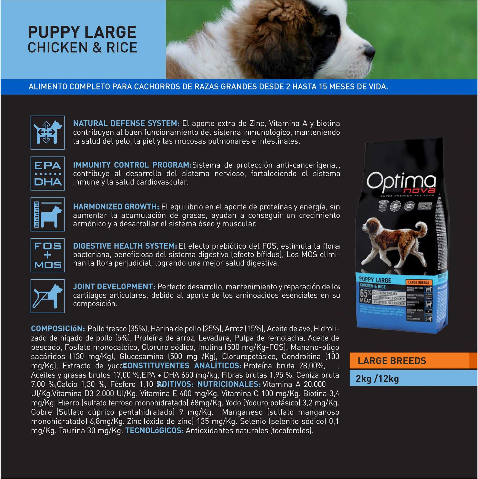 Optima Nova Puppy Large Pollo Arroz 12 KG. - Imagen 2
