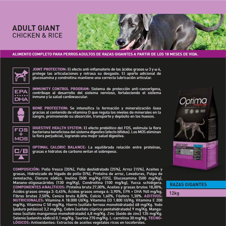 Optima Nova Adult Giant Pollo Arroz 12 KG. - Imagen 3