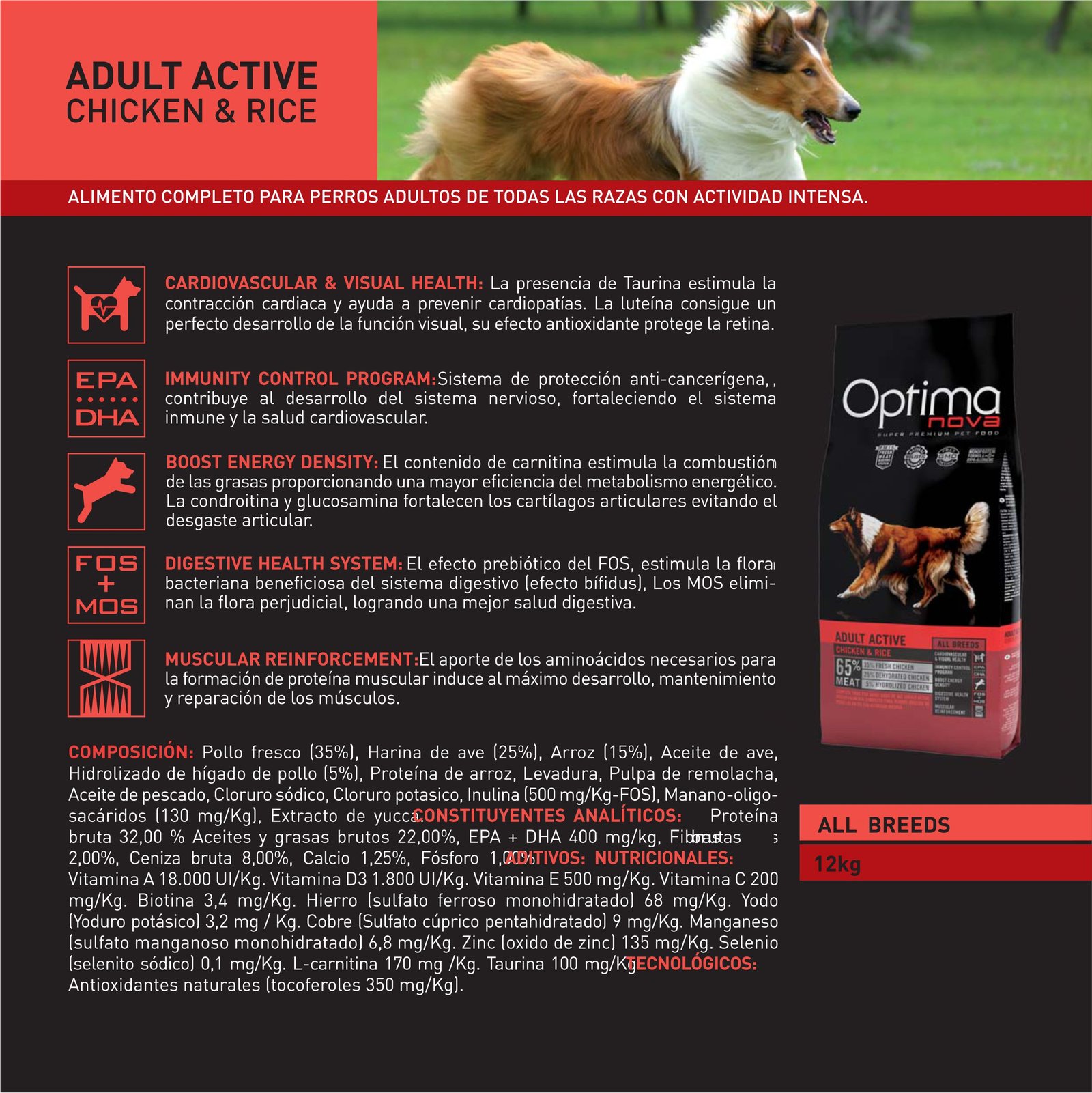 Optima Nova Adult Active Pollo Arroz 12 KG. - Imagen 2