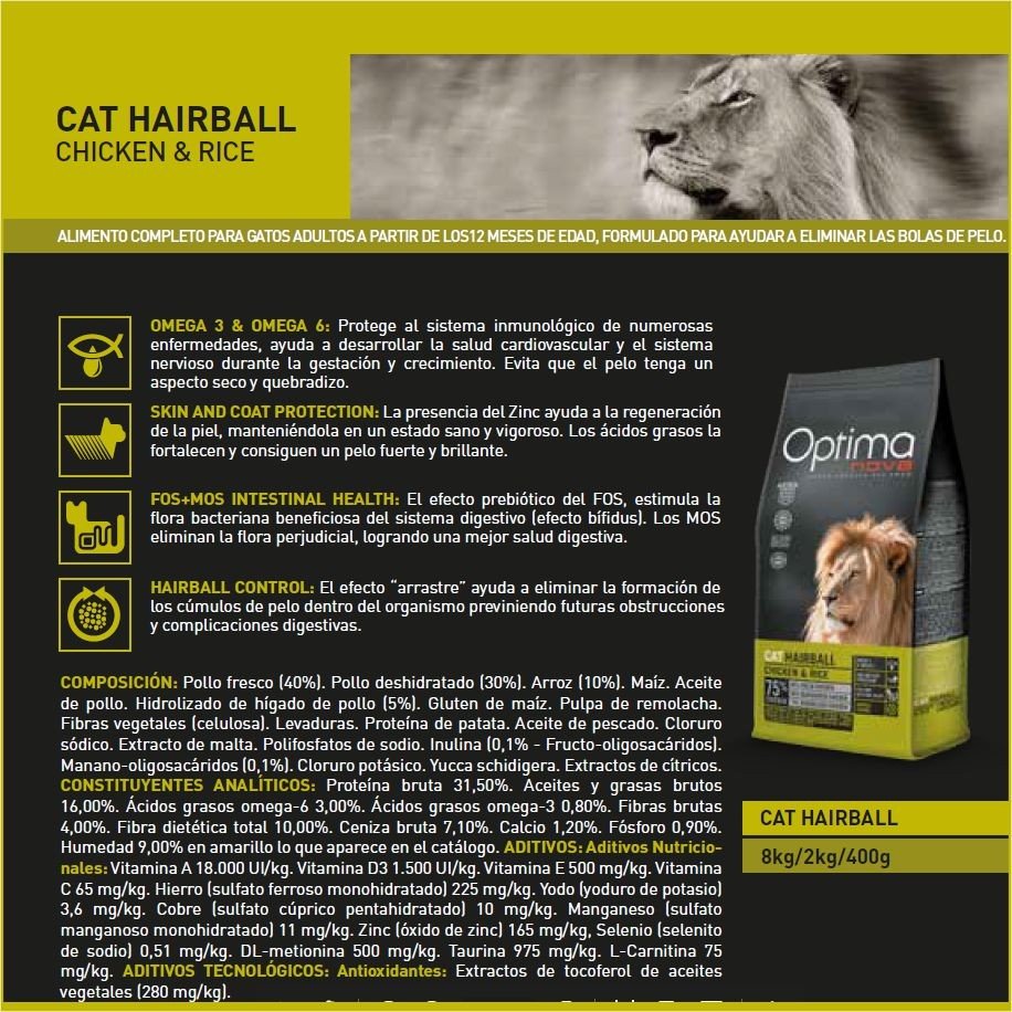 Optima Nova Cat Hairball 8 KG. - Imagen 3