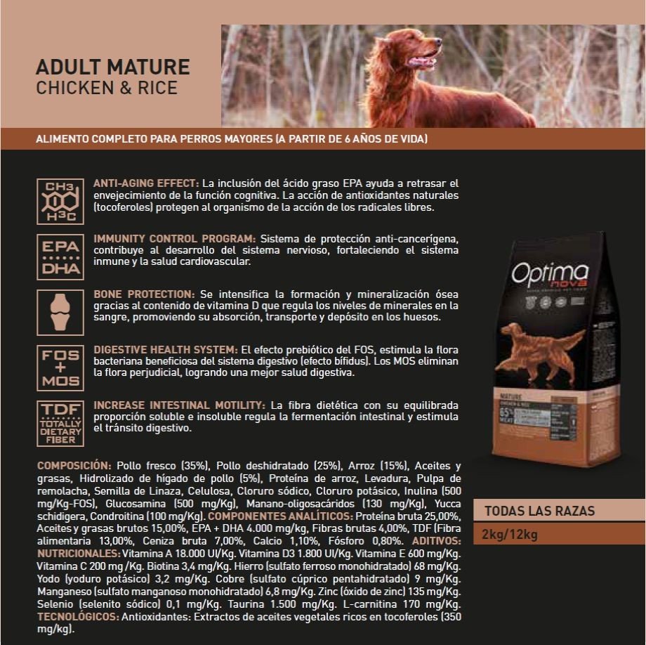 Optima Nova Adult Mature Pollo Arroz 12 KG. - Imagen 3