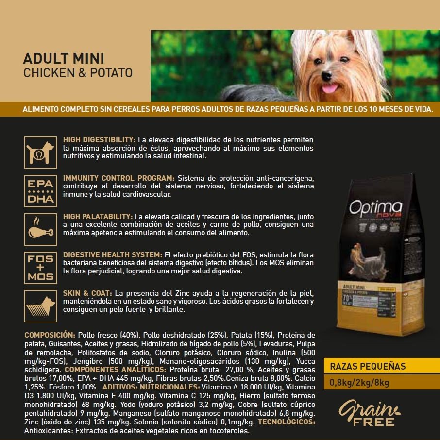 Optima Nova Adult Mini Chicken Potato 8 KG. - Imagen 4
