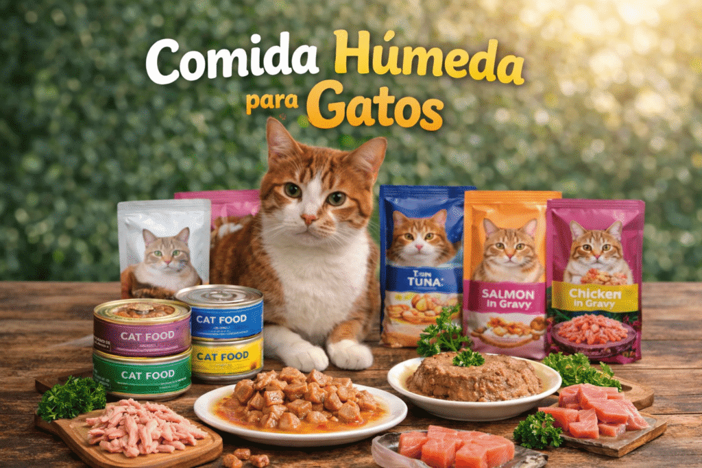 Gato con variedad de comida húmeda