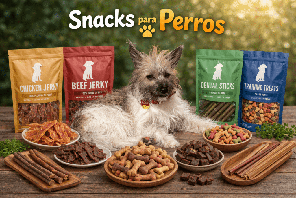 Perro rodeado de snacks para perros