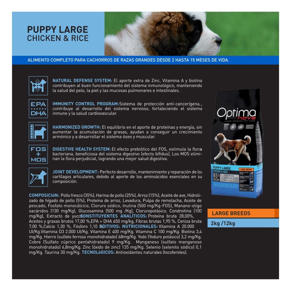 Optima Nova Puppy Large Pollo Arroz 12 Kg