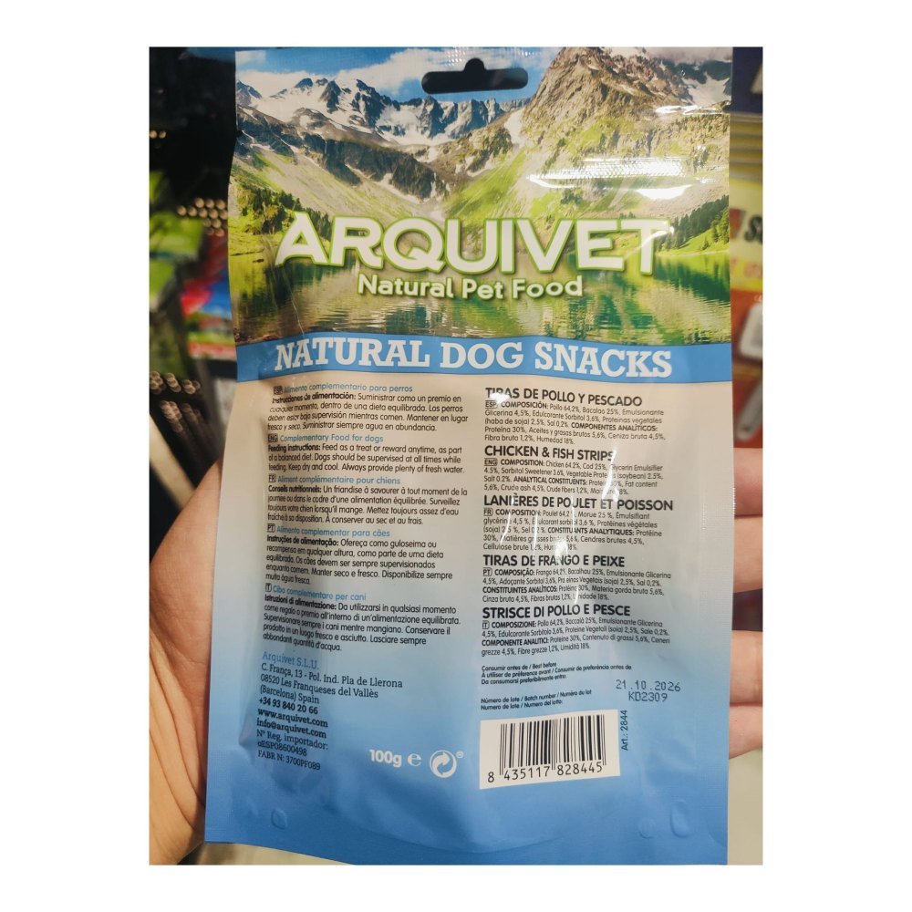 Snack Tiras de Pollo y Pescado 100 Gr. Arquivet