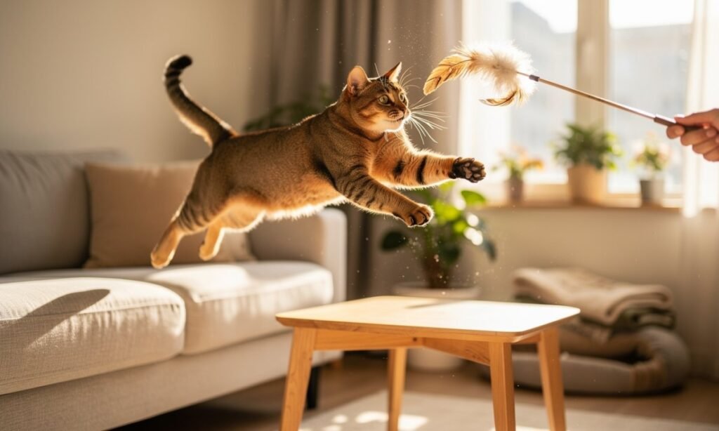 Gato jugando con una cana de plumas