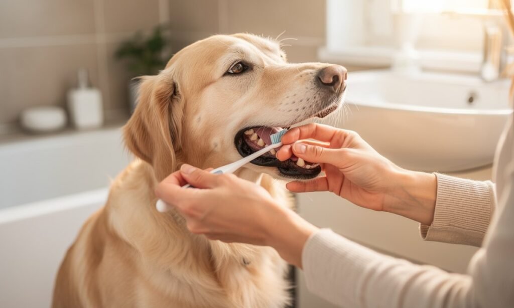 Cepillado dental de un perro en casa