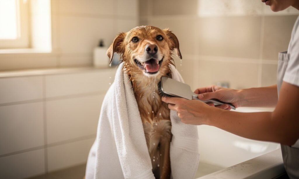 Perro secado y cepillado tras el bano